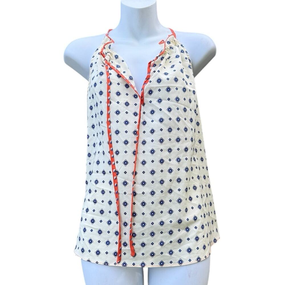 Le Sample cream and blue halter blouse with orange string